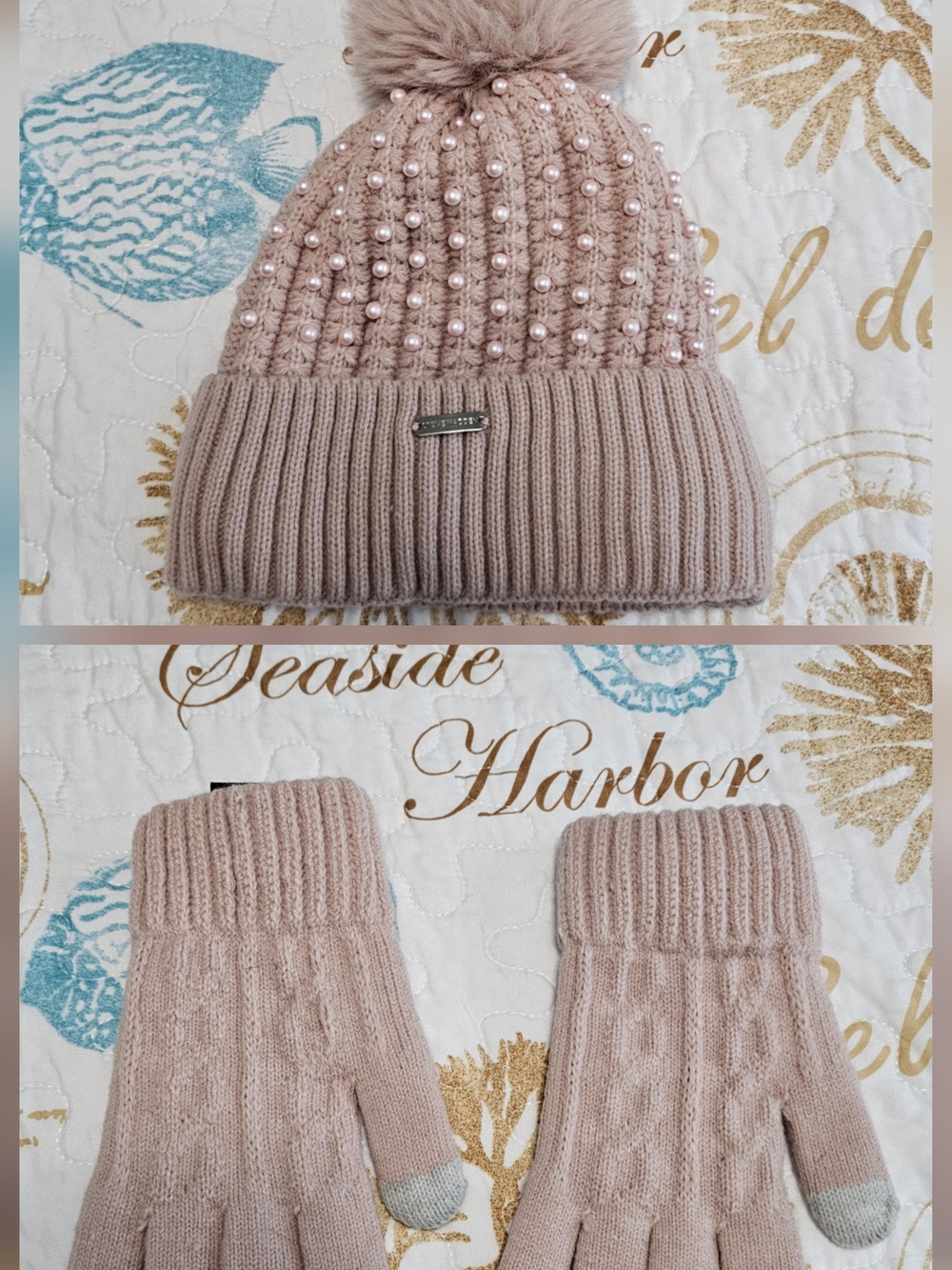 Steve Madden Blush Pink Pearl-Embellished Pom Pom Beanie & Gloves Set